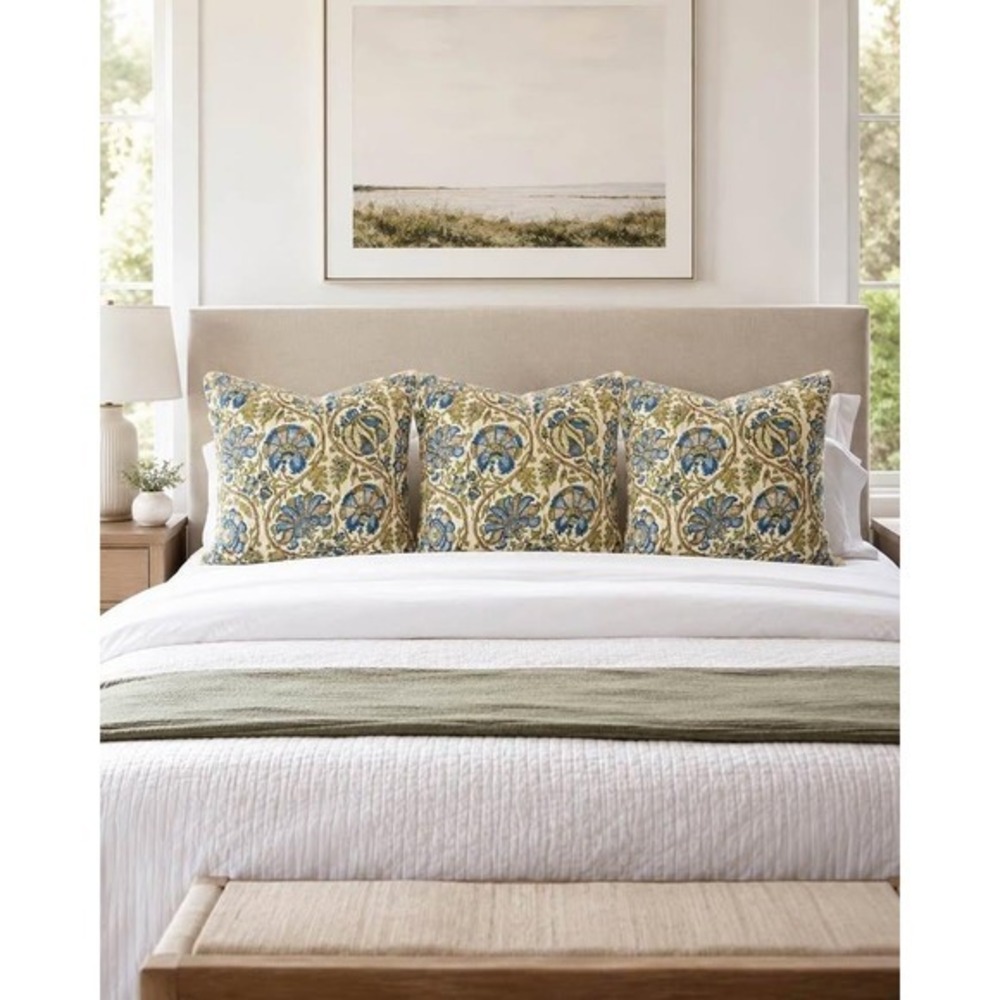 Pottery Barn Euro Sham Pillow Covers Blue Green Floral Quilted Cotton Set of 3
